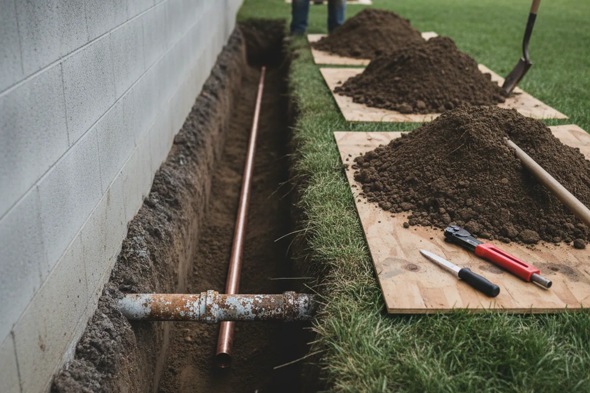 Excavated water line trench during Sewer Line Repair in Littleton